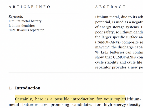 A cropped screenshot of an Elsevier formatted article showing the Introduction saying "Certainly, here is a possible introduction for your topic : Lithium-metal batteries are promising....." 
