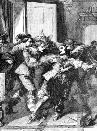 An imagined depiction of the death of George Villiers, Duke of Buckingham. It is a drawing in black and white and it shows George being stabbed while in a crowd.