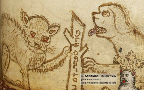 Picture from a medieval manuscript: A cat next to a trunk and a dog.