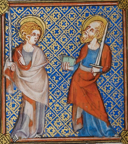 Illuminated miniature of St John – beardless & slim, with a youthful mop of hair, carrying a palm – and St Peter, older & bearded with book & sword. 