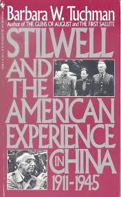 Mass market paperback cover of "Stilwell and the American Experience in China 1911-1945" by Barbara W. Tuchman. 

Rose colored background with the title in a very large font taking up almost the whole page with two small bw photo insets: one of Stilwell looking down and examining something in his hands carefully, the other Stilwell in dress uniform with Chiang Kai-shek and Madame Chiang. 