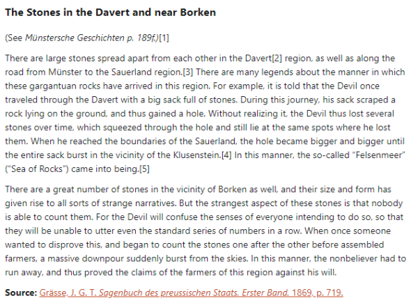 German folk tale "The Stones in the Davert and near Borken". Drop me a line if you want a machine-readable transcript!