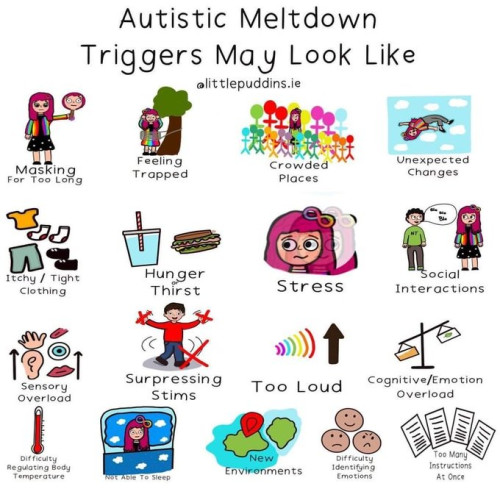 A cartoon with many pictures depicting common triggers that lead to an autistic meltdown. Captions read, “masking for too long, feeling trapped, crowded places, unexpected changes, itchy clothing, hunger or thirst, stress, social interactions, sensory overload, supressing stims, too loud, cognitive/emotion overload, difficulty regulating body temperature, not able to sleep, new environments, difficulty identifying emotions, too many instructions at once”.