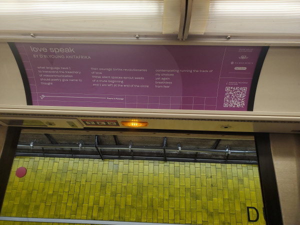 Advertising panel on a TTC subway car, showing the text of a poem by d'bi.young anitafrika, part of which is:

"these silent spaces sprout seeds
of a mute beginning
and I am left at the end of the circle
contemplating running the track of
my choices
yet again
breathless
from fear"