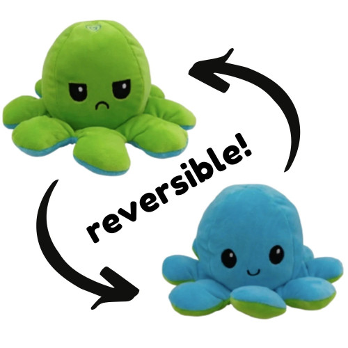 A reversible octopus plushy that can be used by neurodivergent folks as a communication aid. One side is green with a frowny face, and the other side is blue with a smiley face.