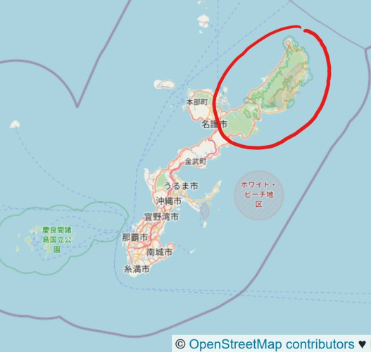 Screenshot of Okinawa Island in OpenStreetMap, with all the northern part of the island circled in red.