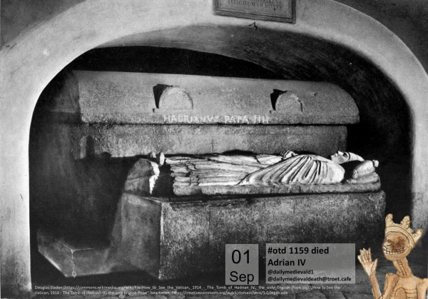 The picture shows the coffin of the pope with a reclining figure on it