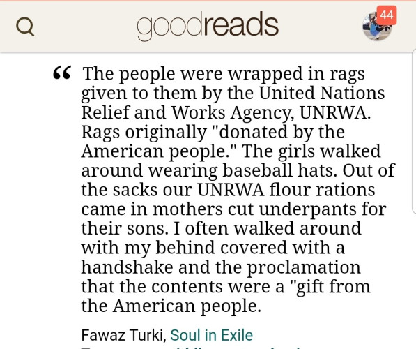 The people were wrapped in rags given to them by the United Nations Relief and Works Agency, UNRWA. Rags originally "donated by the American people." The girls walked around wearing baseball hats. Out of the sacks our UNRWA flour rations came in mothers cut underpants for their sons. I often walked around with my behind covered with a handshake and the proclamation that the contents were a "gift from the American people."