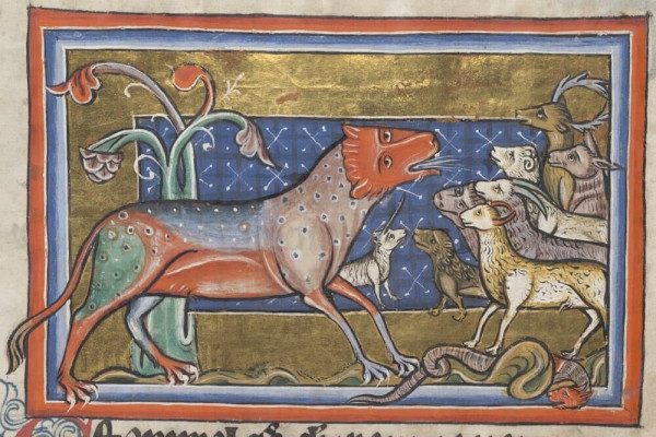 A Medieval painting of a panther. It is a multicolored animal with the mouth open. In front of it, there are several goats standing, attracted by its breath.