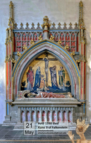 The image depicts a brightly painted tomb with a recumbent figure dressed in the ornate attire of a bishop.