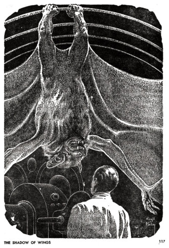 A person turns to look above them into the darkness of a spaceship and sees a giant alien bat-like creature hanging upside down from the rafters and spreading its wings.
