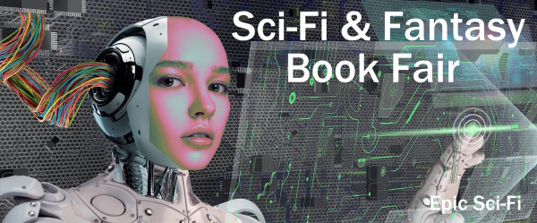 An android with wires coming out of their head in front of a wall that looks like a breadboard with some circuits. Beside them it reads: Sci-Fi & Fantasy Book Fair