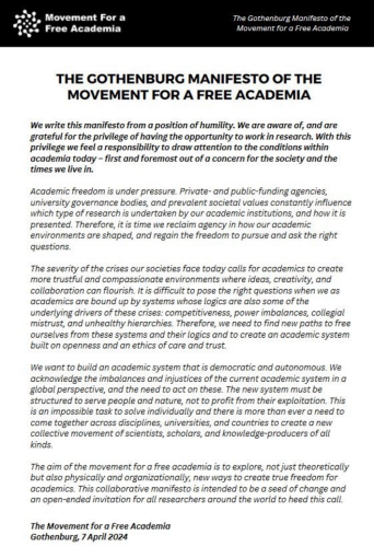 Picture of the Gothenburg Manifesto of the Movement for a Free Academia. Front page. 