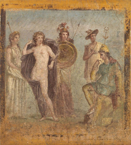 Roman fresco of the Judgement of Paris. Hera, Aphrodite, and Athena stand before Paris, Aphrodite disrobing. Paris sits on a rock with a shepherd's crook in hand and a Phrygian cap on his head. Behind him, Hermes stands in the background.