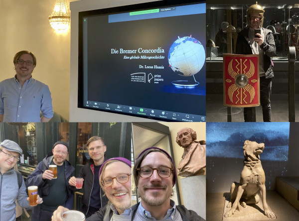 Images: Standing in front of a screen with a presentation, holding a Roman shield and wearing a helmet, after-work beer with Paul Blickle, Stephan Bruhn and Clemens Villinger, standing in front of a bust of Shakespeare, a Roman dog.