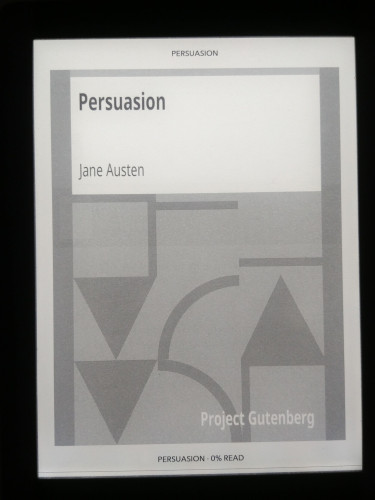 Greyscale cover for Prejudice by Jane Austen, on an ereader
