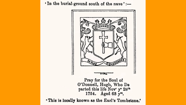 Transcript of a gravestone inscription along with a drawing of a coat of arms that was carved on the gravestone and related commentary.