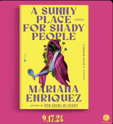 Cover of new Mariana Enriquez book
A surreal illustration of a human shape wearing a cloak with blue arms, one holding a mirror
Where the face would be is instead darkness with flowers growing out of it