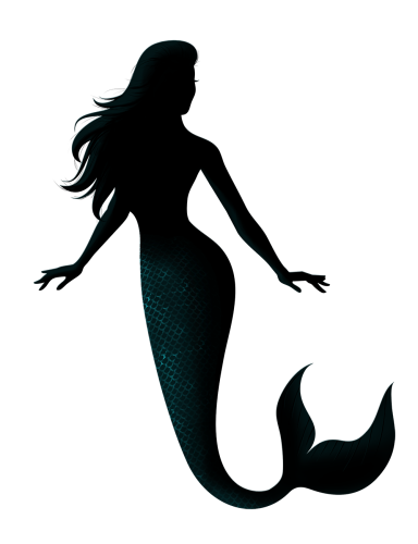 Silhuette of a greenish-blueish merperson with a scaly fishtail and long hair against a dark background.