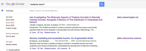 Screenshot of the second page of a Google Scholar search for "certainly here's" showing a dubious paper.