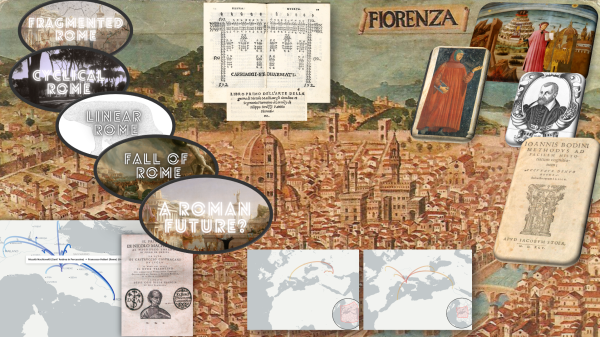 A collage of Christians Feichtingers presentation titled "Zwischen den Zeiten und über (Denk-)Horizonte hinaus: die translatio imperii als Figur der Übertragung in den Texten Niccolò Machiavellis".
Multiple pictures and texts are arranged over a historical map of Florence. The text reads:
"A Roman Future?"
"Fall of Rome"
"Linear Rome"
"Cyclical Rome"
"Fragmented Rome"