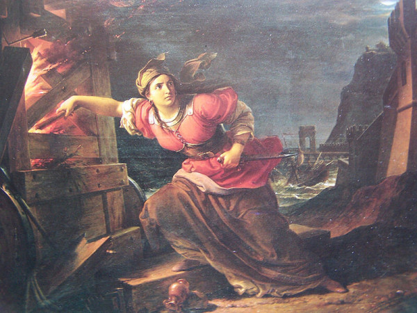 An imagined portrait of Stamira, lighting a piece of wood on fire as she looks determinedly off to the viewer's right. 