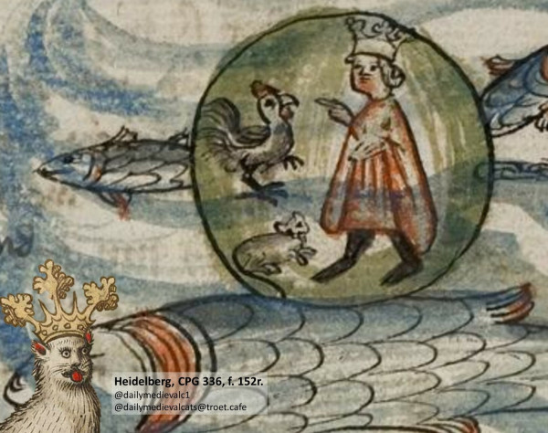 Picture from a medieval manuscript: The image shows a greenish bubble with a king, a chicken and a cat inside. The bubble is placed on the back of a fish.