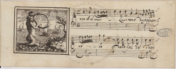A page of 17th C music with a large decorated "P" at the left.  From f.2r of Chig.Q.IV.10