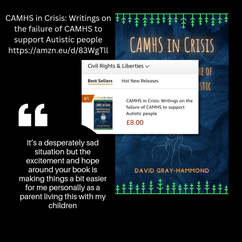 Image of "CAMHS in Crisis overlaid by a screenshot of the same book at number one on amazon's Civil Rights & Liberties best seller list.

The text in the image is the same as in the main post.