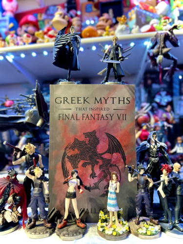 The cover of Greek Myths That Inspired Final Fantasy VII surrounded by figures 
