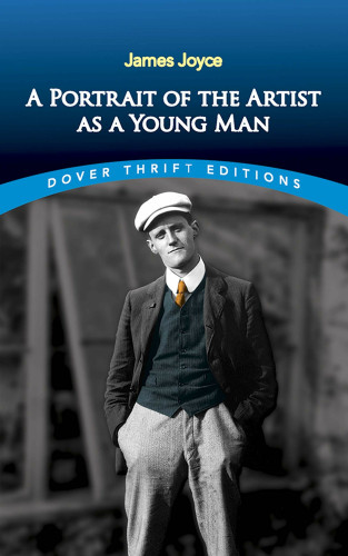 Cover of Joyce's "A Portrait of the Artist As a Young Man," with title against a blue background, above a photo of a man in a blazer, hands in pockets, and a cap.