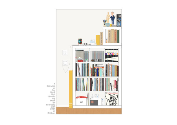 An illustration of a shelf full of books, CDs, records and various knicknacks