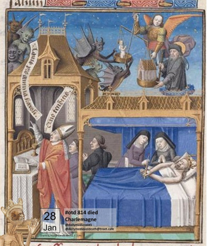 The picture shows Charlemagne on his deathbed at the bottom right, and praying for his soul at the bottom left. The scene takes place in a building. Above the roof are demons, angels and the weighing of the soul.