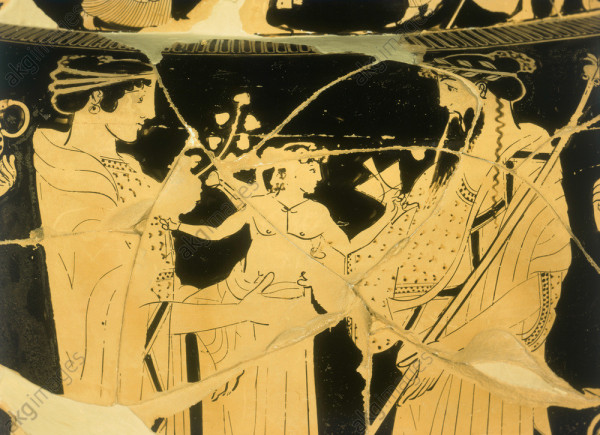 Red-figure vase painting of a distraught Zeus giving away his infant son Dionysos to a nymph of Mount Nysa. The small god is holding a kantharos cup and grapevine as he changes hands from the arms of his father Zeus to those of his nymph foster mother.
