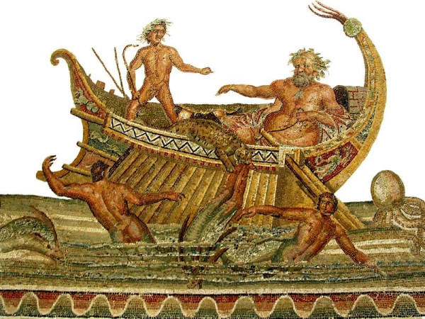 Mosaic of Dionysos, Silenos, and the Tyrrhenian pirates. Dionysos and Silenos are aboard a ship, a leopard leaping after the pirates who jumped into the sea and are in the process of being changed into dolpins.