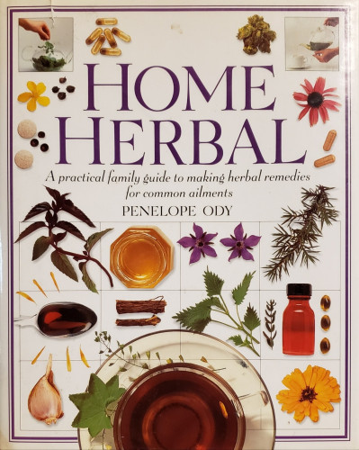 A photo of a used copy of the book "Home Herbal – A practical family guide to making herbal remedies for common ailments," by Penelope Ody.

A top down view of a white tabletop scattered with a wide variety of colorful raw leaves, flowers, petals, stalks, pods, and seeds, plus a variety of prepared items: a resting spoon holds a syrupy looking tincture, a bottle laid down on it's side contains a reddish orange liquid, a number of different gel-caps and formed pills, and what suggests to be a small jar of honey. Extending off the bottom edge of the cover we see into a clear glass on a golden-brown-edged white plate with a modest decorative blue swirl in it's glaze. The plate holds two more raw herbs. In the glass is what appears to be some kind of tea.

Small inset images in the upper left and right corners show a have dropping herbs into a clear glass kettle (left) and the contents of that kettle being poured into a plain white coffee cup on a plain white dish; a white strainer resting atop the cup.