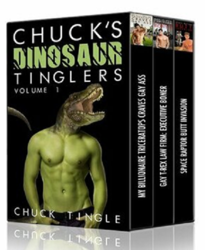 A novel box set titled, "Chuck's Dinosaur Tinglers," by erotic satire author Chuck Tingle. The cover art is a green-skinned shirtless male torso with a T-rex head photoshopped onto it