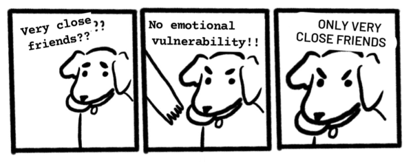 3-panel dog meme:  dog with frisbee asks "Very close friends??", then withdraws suspiciously saying "No emotional vulnerability !!" when a human reaches for the frisbee, then angrily says "Only Very Close Friends" while holding the frisbee