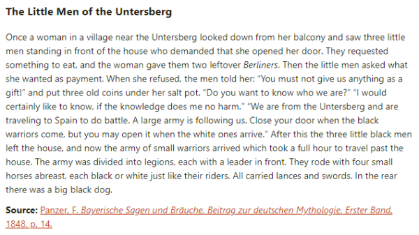 German folk tale "The Little Men of the Untersberg". Drop me a line if you want a machine-readable transcript!