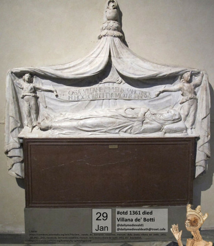 The picture shows a tomb with a reclining figure, above it a canopy supported by two small figures on the left and right, all made of white stone.