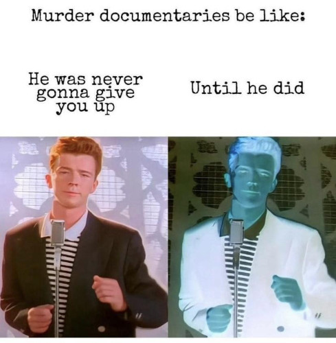 Text: Murder documentaries be like:

He was never gonna give you up
[Picture of Rick Astley]

Until he did
[Solarized picture of Rick Astley,]