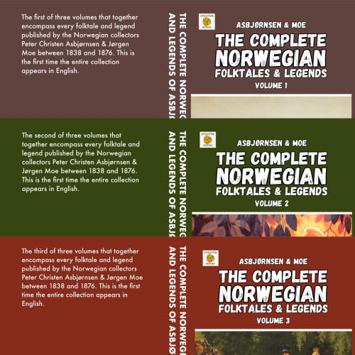 The tops of the cover spreads of the three volumes of the unannotated edition of The Complete Norwegian Folktales and Legends of Asbjørnsen & Moe. 