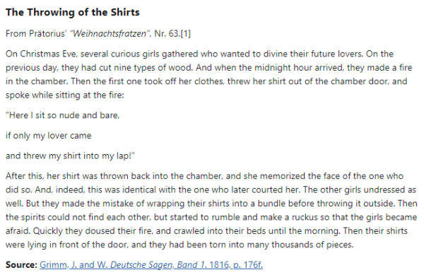 German folk tale "The Throwing of the Shirts". Drop me a line if you want a machine-readable transcript!