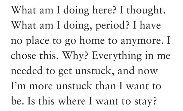What am I doing here? I thought.
What am I doing, period? I have
no place to go home to anymore. I
chose this. Why? Everything in me needed to get unstuck, and now I'm more unstuck than I want to be. Is this where I want to stay?