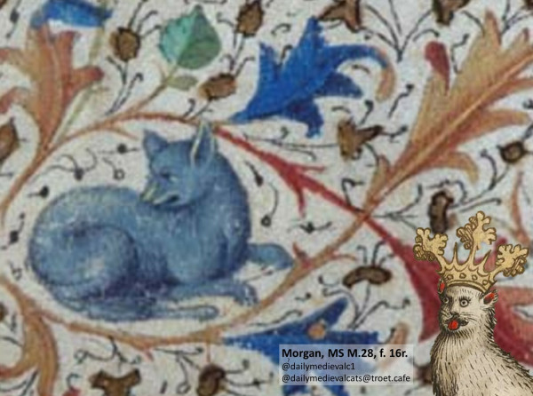 Picture from a medieval manuscript: A blue cat encircled by leaf like ornaments.