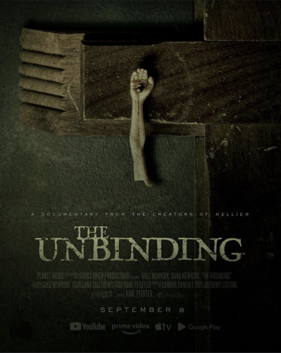 Movie poster for The Unbinding. A block of wood that may be a cross has a hand with a nail through it hanging off of it