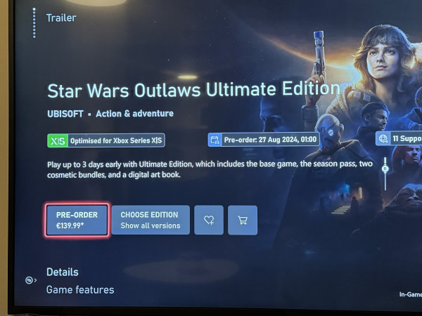 Promotional image for "Star Wars Outlaws Ultimate Edition" video game available for pre-order, with pricing and game details. Characters from the game are depicted in the artwork.