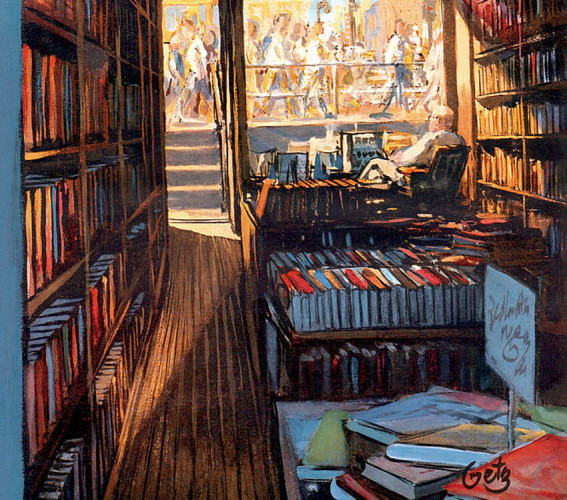 Detail from a New Yorker cover of a shadowy bookshop looking from the back towards a large window in the front where pedestrians are passing.