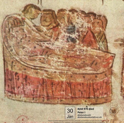 The picture shows the ruler on his deathbed, surrounded by his faithful.