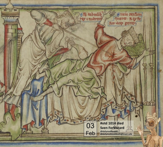 Ms.: Cambridge, MS Ee.3.59, fol. 4v. /BL, MS Harley 2278, fol. 103v.
The picture shows the crowned king on his bed being pierced by another crowned figure with a lance.
